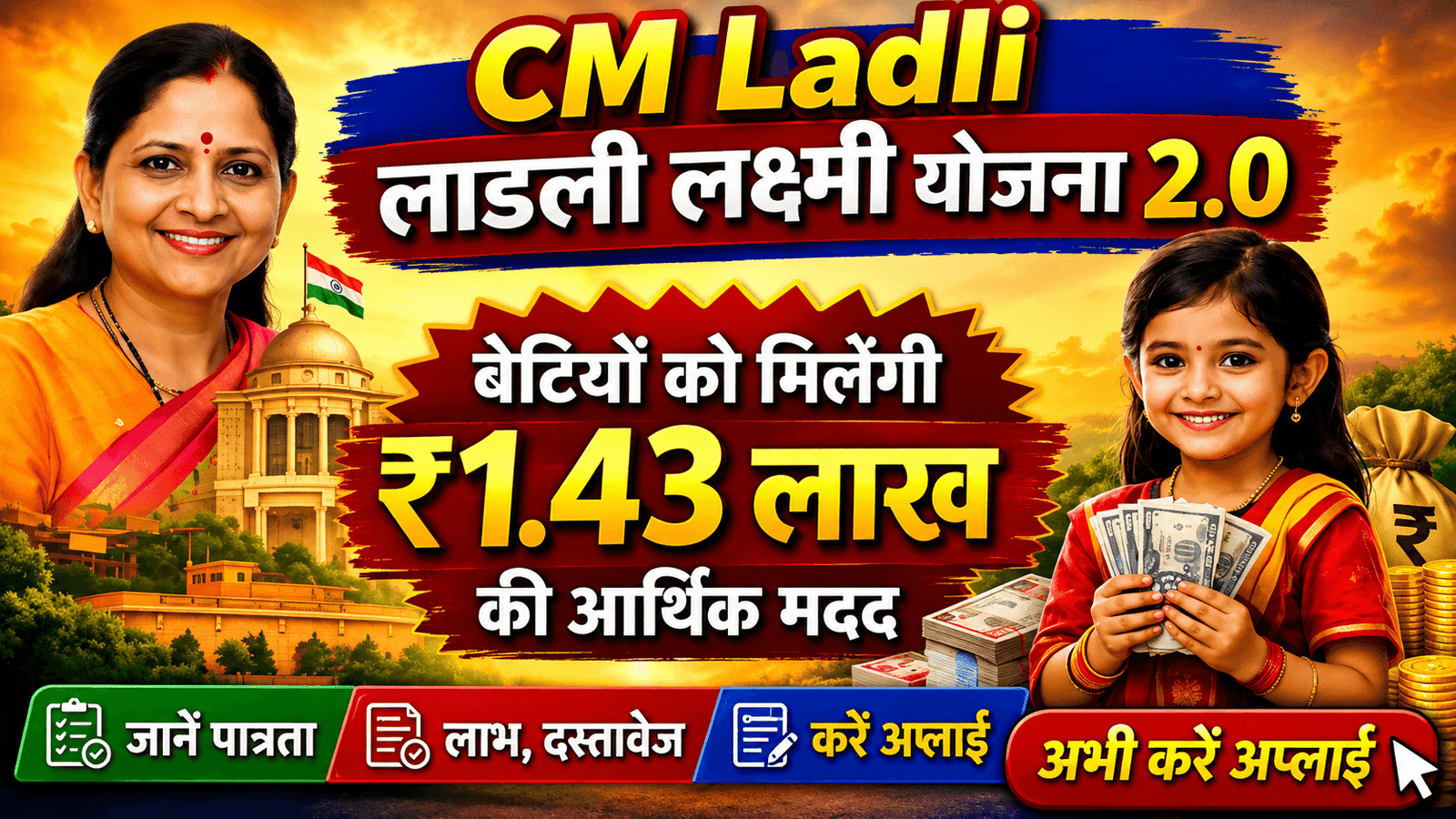 CM Ladli Laxmi Yojana 2.0: बेटियों को मिलेगी ₹1.43 लाख की आर्थिक मदद, जानें पात्रता, लाभ, दस्तावेज करें अप्लाई